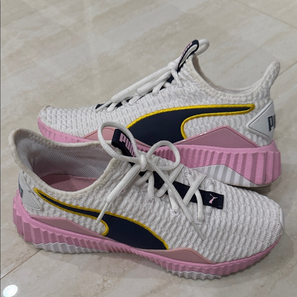 Puma Defy White Knit Sneakers with Pink Sole, Navy & Yellow Trim worn twice